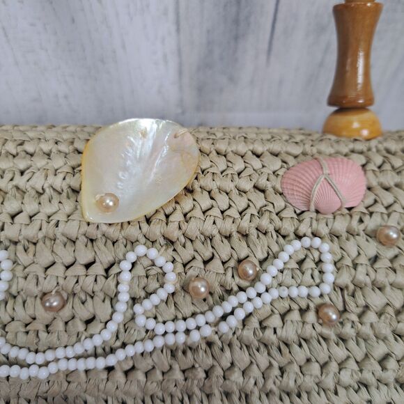 VTG Handbag Woven Raffia Straw Purse Wood Handle Sea Shells Boho Beach Cruise - Picture 4 of 14